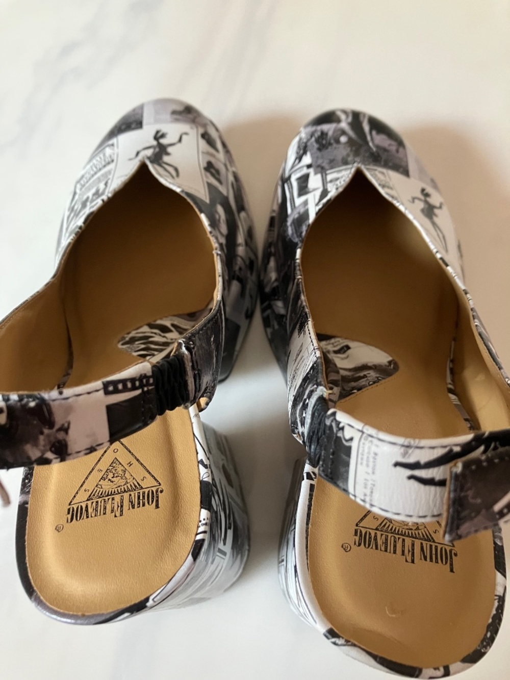 WITH BOX John Fluevog Ternura Newsprint Slingback Platform Heels 10 - Picture 6 of 8